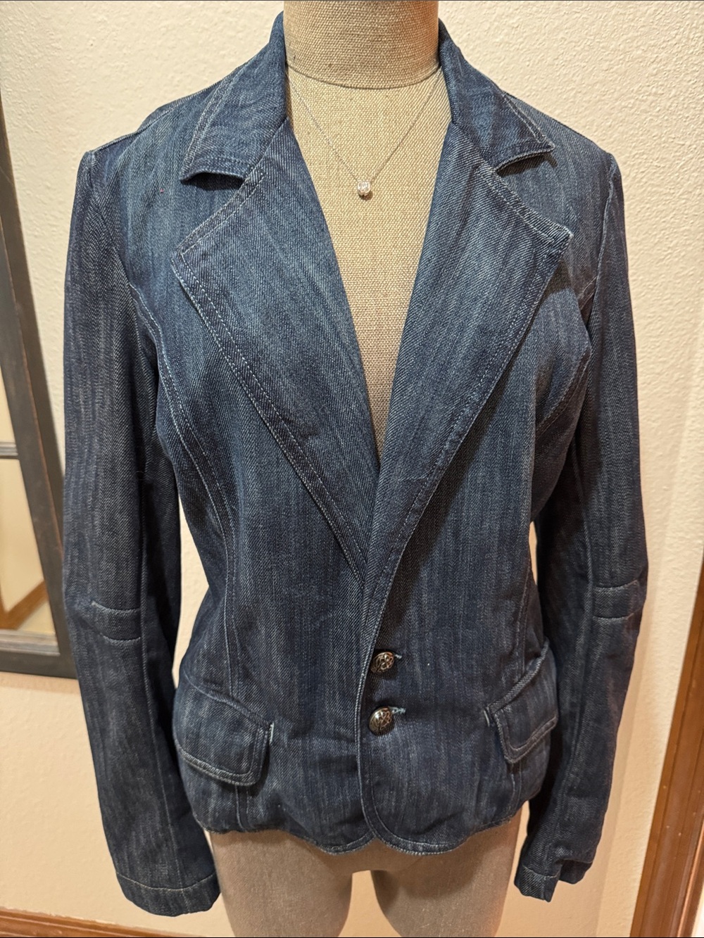 Rock & Republic Vintage Dark Denim Blazer Jacket Metallic Skull Embroidery